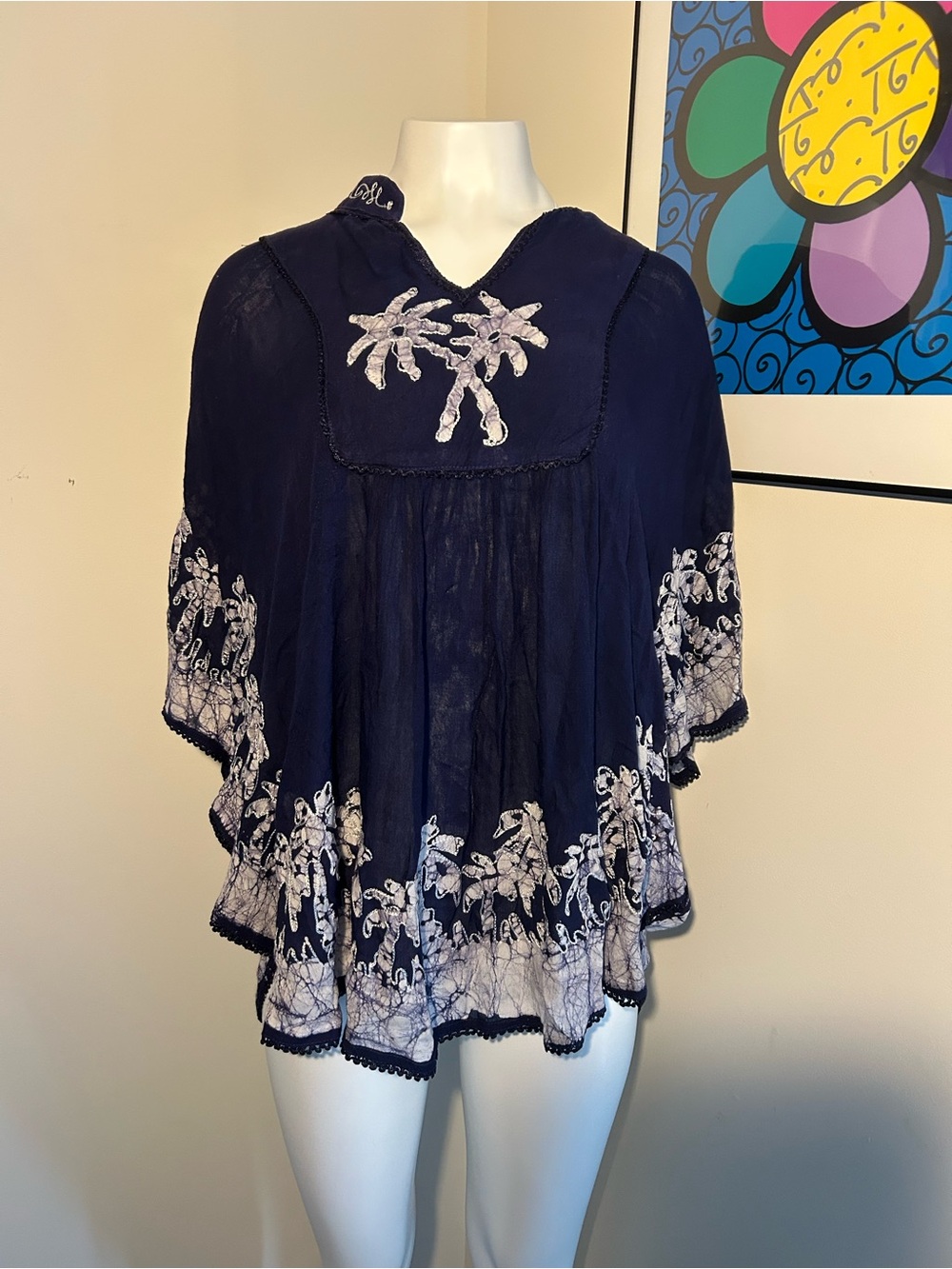 Advanced Apparel Navy Embroidered Poncho Palm Tree Top
